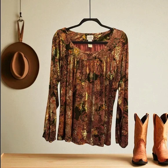 Chico’s-Fall Colors/Velvet Floral Long Sleeve Top. 🎃 🍂🍁 - Picture 1 of 7